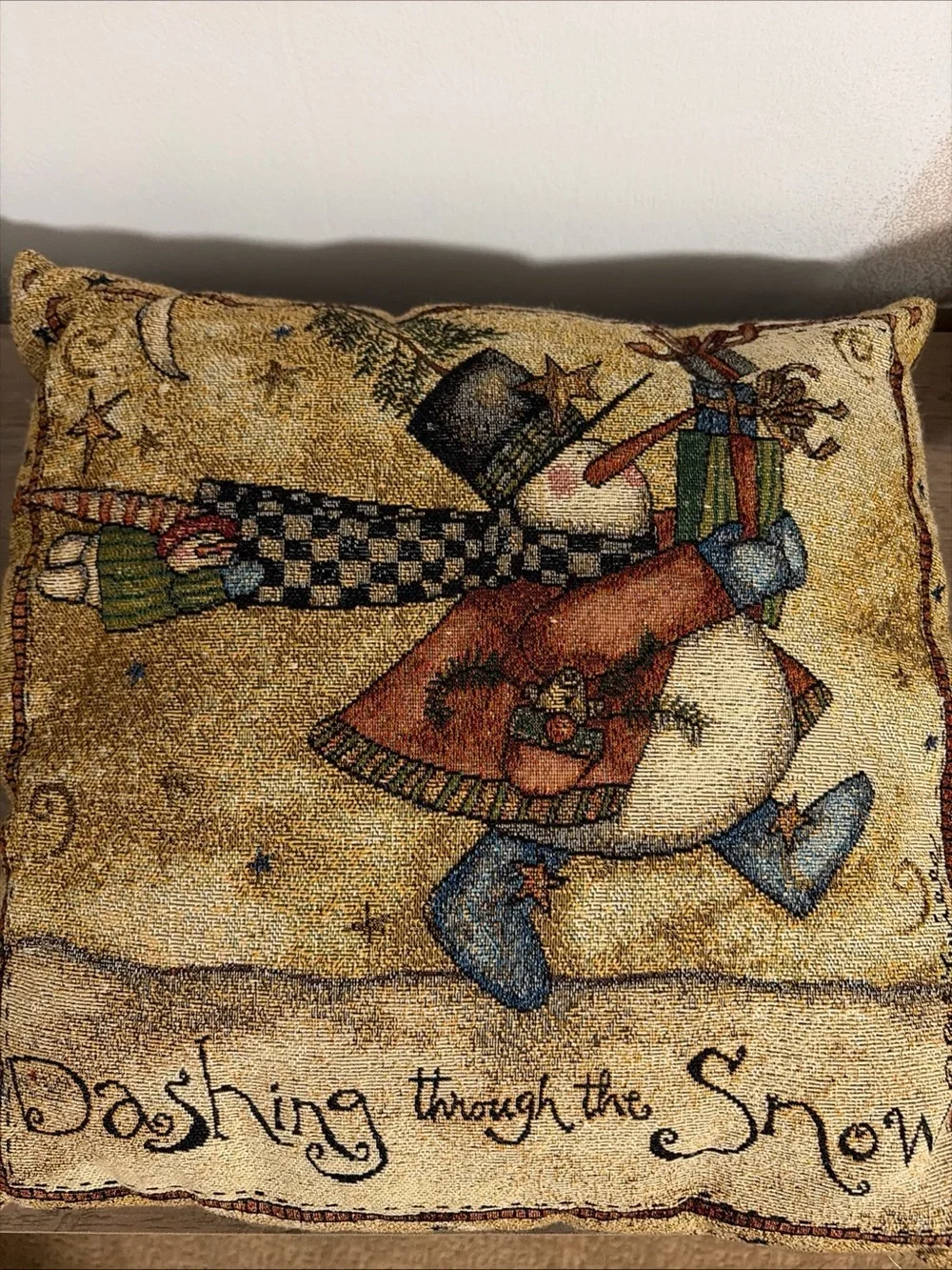 Vintage woven tapestry Christmas throw pillow